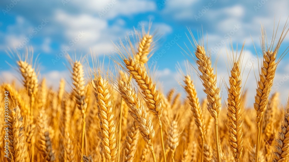 Golden Wheat Field Under Bright Blue Sky with Fluffy Clouds Golden Wheat Field Under Bright Blue Sky with Fluffy Clouds