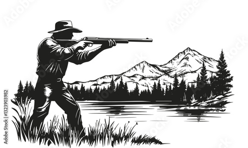 Hunter in wilderness with rifle by lake and mountains, flat icons set, vector.