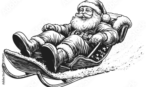 Santa claus on sled in snow - festive holiday flat icons set, vector.