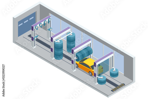 Isometric Car washing machine. Auto brush washer cleancar on automatic carwash station. Car in automatic car wash, rotating blue brush. Washing vehicle.