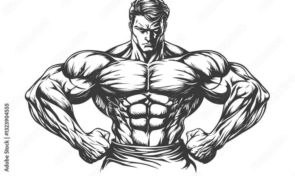 Fototapeta premium Muscular bodybuilder posing, strongman fitness drawing - linear icons set, vector.