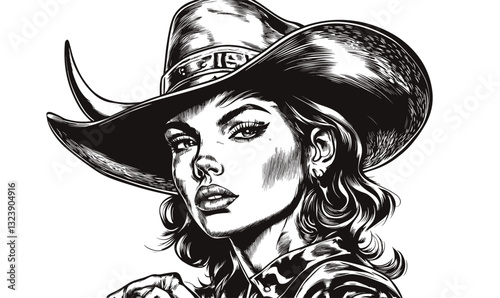 Western cowgirl portrait with hat in linear style, icons set vector.