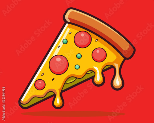 crispy pepperoni pizza slice with gooey cheese, on a bold red background.