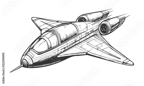 Futuristic spacecraft with dual rockets flying in space, linear style icons set.