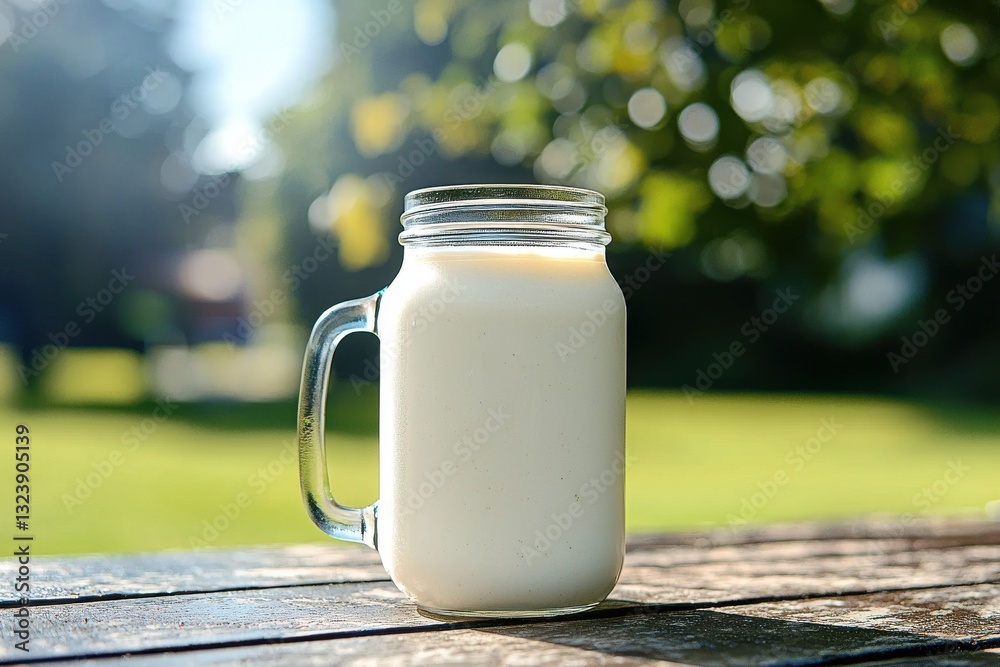 A refreshing mason jar filled with creamy milk sits on a weathered wooden table, with a blurred green background evoking a sense of natural goodness. A refreshing mason jar filled with creamy milk sits on a weathered wooden table, with a blurred green background evoking a sense of natural goodness.