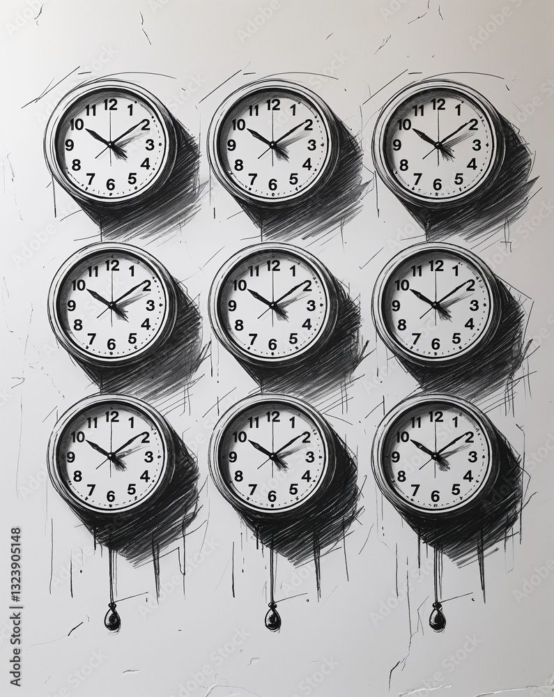 Wall mounted office clocks showing different time zones in sketch hand drawing black and white on plain white background Wall mounted office clocks showing different time zones in sketch hand drawing black and white on plain white background