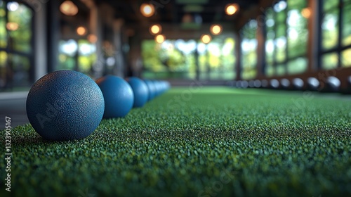 Blue bocce balls on green artificial turf in a modern indoor setting.