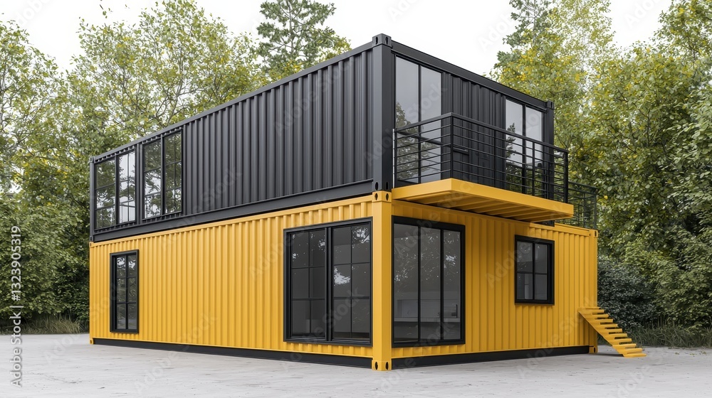 Modern two story container house with yellow and black exterior. Concept of architecture, sustainable living, and modular homes. Modern two story container house with yellow and black exterior. Concept of architecture, sustainable living, and modular homes.