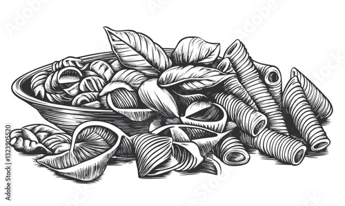 Variety of pasta types in bowl illustration, black and white vector, linear style, icons set.