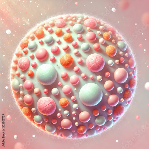 Surreal Candy Pox Planet. A spherical object covered in pastel-colored, candy-like bubbles, resembling a microscopic view of a fictional 