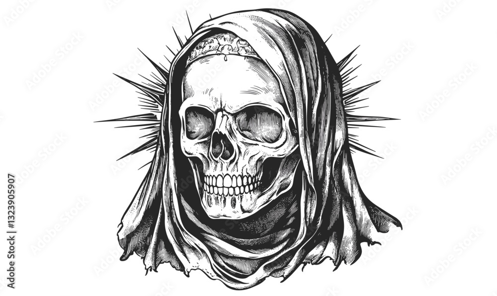 Obraz premium Human skull with spiked halo and hood, monochrome linear icons set, vector.
