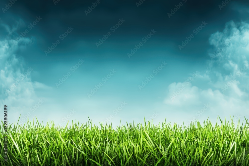 Obraz premium Futuristic Stadium Concept Design with Lush Green Grass and Blue Sky Background