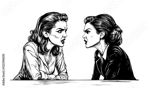 Two women arguing face to face, intense conflict discussion, vector, linear, icons set.