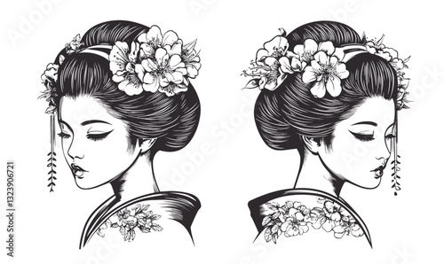 Traditional japanese geisha elegance with floral hair accessories, linear icons set, vector.