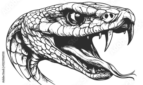 Fierce snake head with open mouth and fangs, monochrome vector, linear style, icons set.