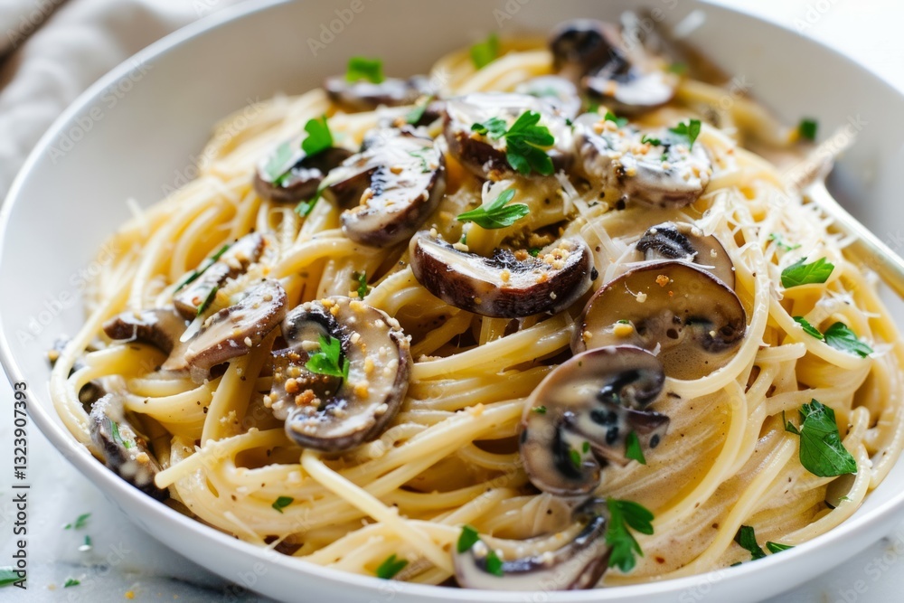 Creamy mushroom spaghetti in white bowl on textured surface. Artificial intelligence image Creamy mushroom spaghetti in white bowl on textured surface. Artificial intelligence image