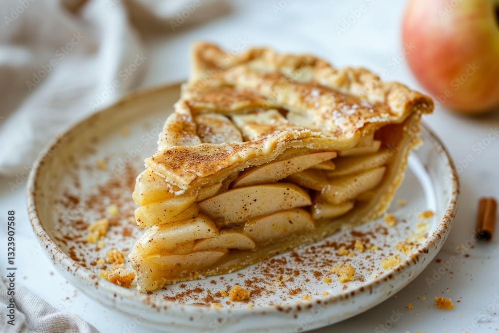 Classic apple pie slice on ceramic plate with warm lighting. Artificial intelligence image Classic apple pie slice on ceramic plate with warm lighting. Artificial intelligence image
