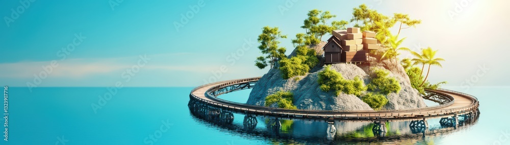 Obraz premium Surreal Island Landscape with Logistics Concept Featuring Endless Conveyor Belt and Nature