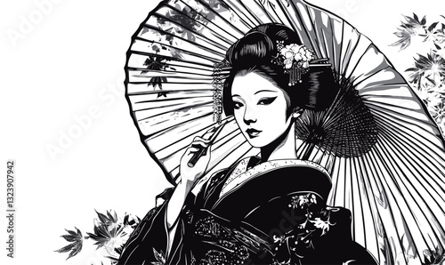 Traditional japanese geisha with umbrella, leaves, black and white, flat icons set, vector.