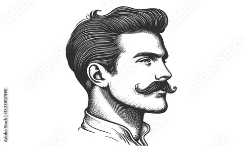 Vintage male profile with mustache and styled hair - linear vector icons set.