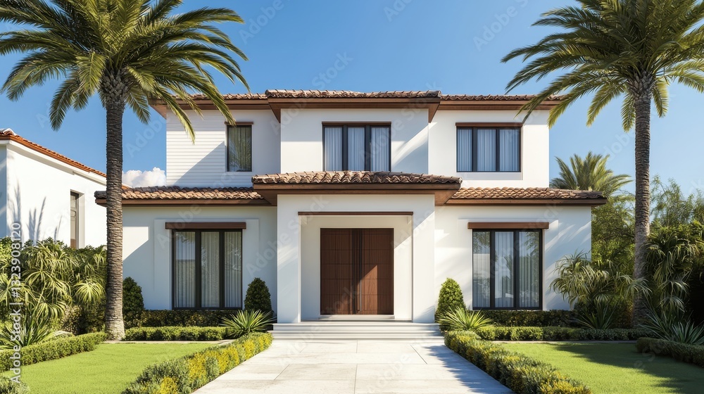 Fototapeta premium Luxury two story house with palm trees and manicured lawn on a sunny day. Real estate, architecture, and tropical living concept.
