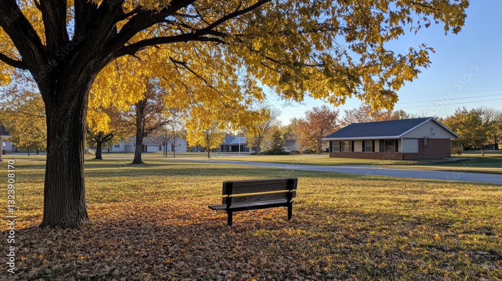 Autumnal Park Bench Scene: Golden Leaves and Tranquil Atmosphere