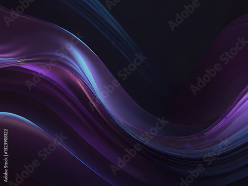  Abstract fluid holographic iridescent purple curved wave in dark background 3d render. Gradient design element for backgrounds, wallpapers, posters and covers.