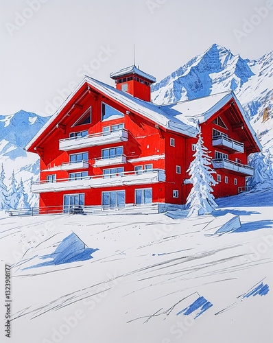 Bright red and white ski lodge in the snowy mountains building design in sketch hand drawing color on plain white background