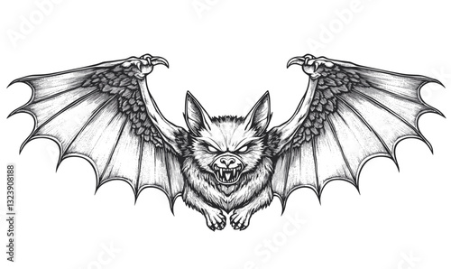 Fierce bat with wings spread illustration, black and white, linear icons set, vector.