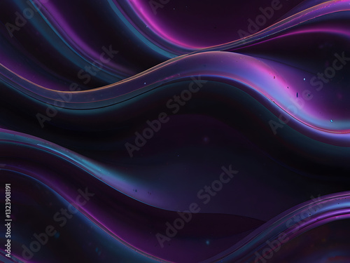  Abstract fluid holographic iridescent purple curved wave in dark background 3d render. Gradient design element for backgrounds, wallpapers, posters and covers.