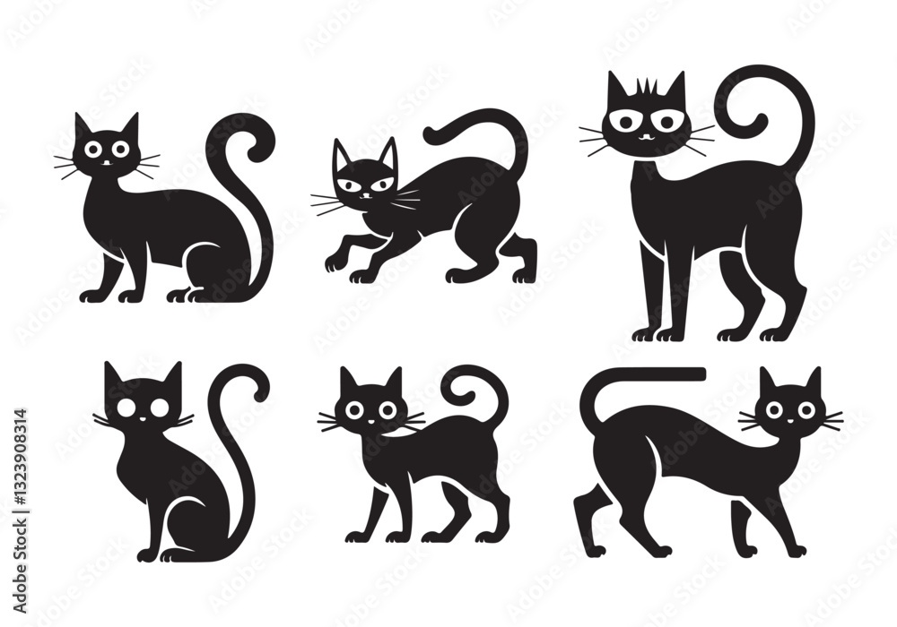 Naklejka premium Black Cat Silhouette Vector: Cute Cats in Various Poses for Pet Halloween Graphics