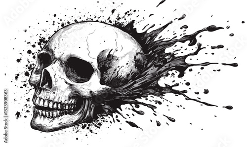 Skull with splatter effect, black and white, vector, linear icons set.