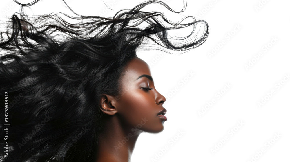 Naklejka premium Beautiful black woman with long flowing hair on transparent background