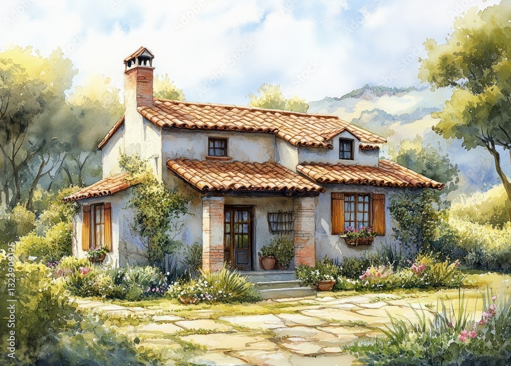 Fototapeta premium Watercolor illustration of a charming countryside bungalow surrounded by lush greenery and vibrant flowers under a tiled roof in a serene summer landscape