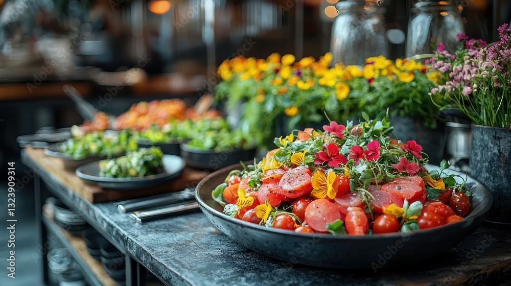 Delicious salad buffet with fresh tomatoes and edible flowers.