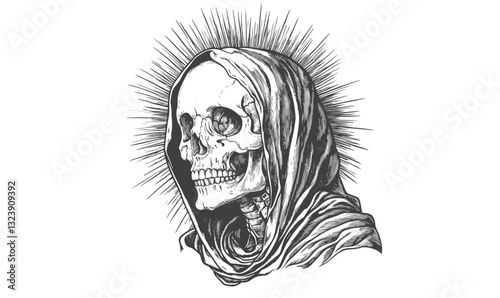 Hooded skull with radiant halo, flat icons set, vector.