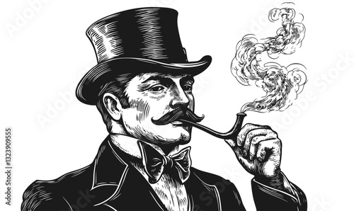 Vintage gentleman smoking pipe with top hat and mustache - linear icons set vector.