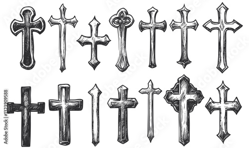 Hand-drawn crosses icons set: diverse christian symbols, linear vector.