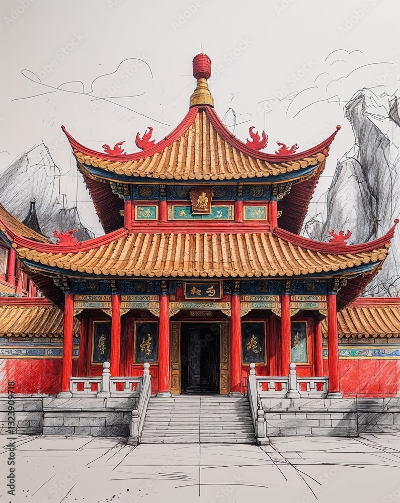 Obraz premium Chinese dragon themed temple with red and gold decorations building design in sketch hand drawing color on plain white background