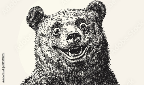 Happy bear face with playful expression, detailed animal drawing - linear icons set, vector.