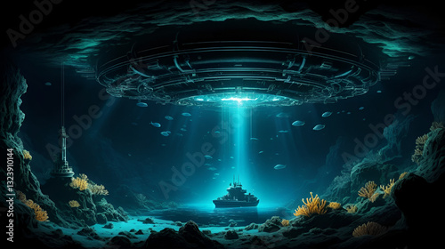 Submersible exploration of bioluminescent abyssal depths. Abyss. Illustration