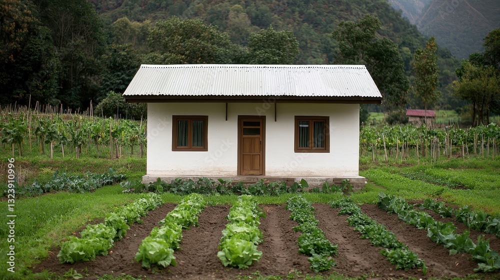 Small white house with a vegetable garden in front and trees in the background. Concept of rural life, agriculture, and self sufficiency. Small white house with a vegetable garden in front and trees in the background. Concept of rural life, agriculture, and self sufficiency.