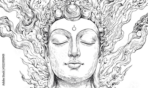 Buddha head with flowing hair, serenity and calm icons set, linear vector.