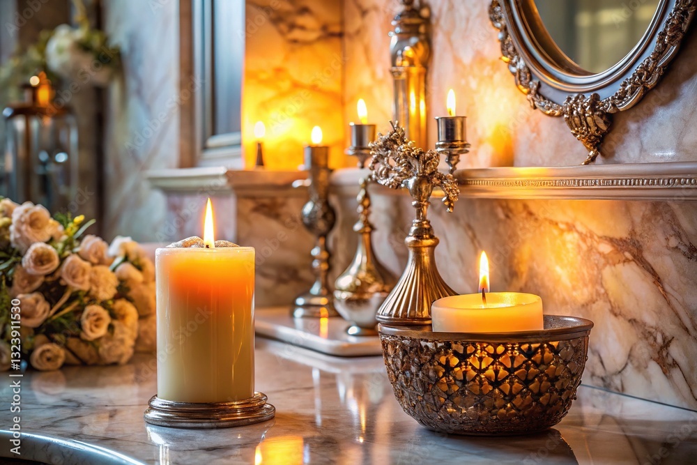 Obraz premium Art Deco marble bathroom counter, candlelight flicker.