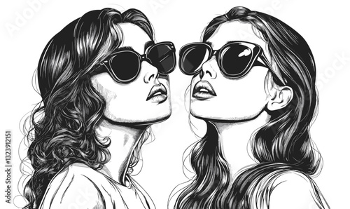 Stylish women in sunglasses - fashion portraits with sunglasses - linear icons set vector.