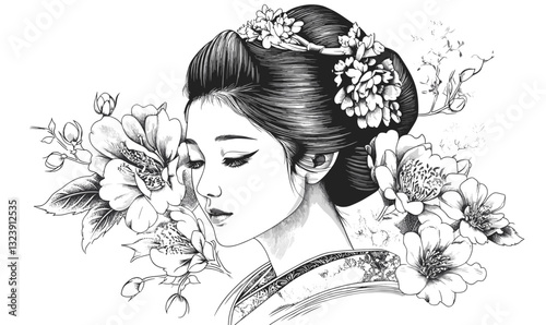 Elegant geisha with floral adornments, traditional japanese art, black and white, vector, linear, icons set.