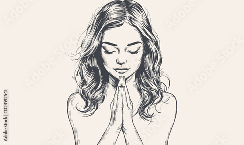 Woman meditating with hands together in prayer pose, peaceful expression, flat icons set, vector.