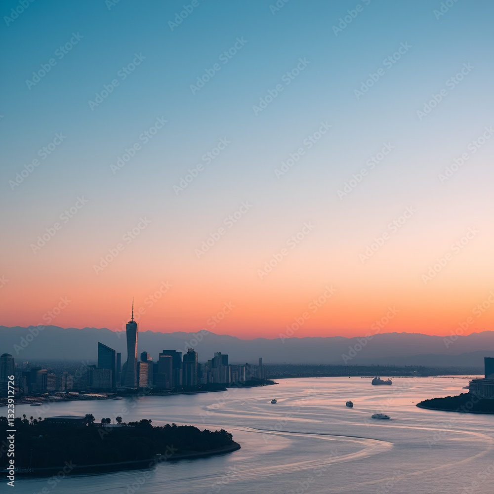 Fototapeta premium Serene twilight view of a city skyline along a river, with mountains in the background and boats