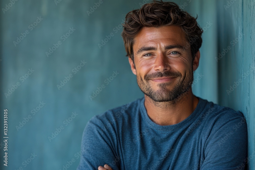 Smiling man in blue t-shirt with crossed arms against pastel blue background Smiling man in blue t-shirt with crossed arms against pastel blue background