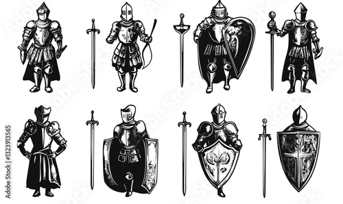 Medieval knights armor and shields flat icons set - vector.
